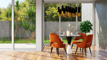 3d, architecture, background, bright, chair, clean, comfortable, construction, contemporary, dining room, cushion, decoration, design, digitally generated image, empty, floor, furniture, home, house, 