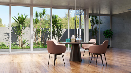 3d, architecture, background, bright, chair, clean, comfortable, construction, contemporary, dining room, cushion, decoration, design, digitally generated image, empty, floor, furniture, home, house, 