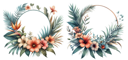 Watercolor boho wreaths, frames for wedding invitations, baby shower, birthday with dry tropical plants, palm trees, flowers, eucalyptus.