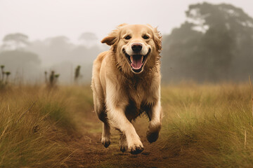 Fog-Kissed Canine: Golden Retriever's Playful Dash