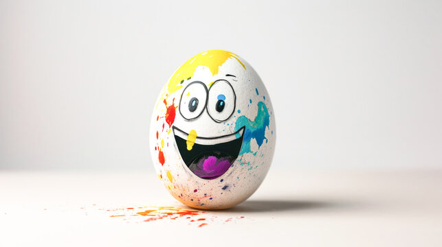 Egg takes the spotlight on a pristine white canvas, an egg bursting with humor through its quirky face, eagerly anticipating the Easter festivities, displaying its eccentric comic face