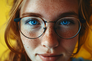 Close-Up Portrait: Young Woman Sporting Chic Vision Glasses on Yellow Background