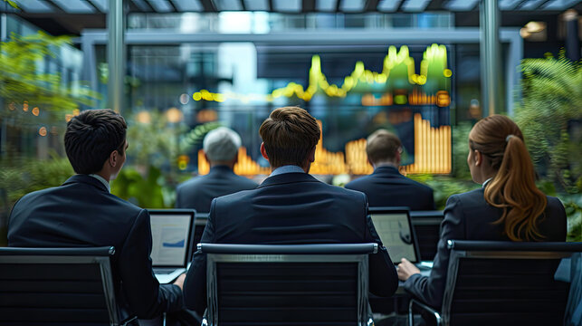 A group of businessmen wearing suits are having an analysis meeting. Marketing plan in conference room with laptop and board displaying stock graphs