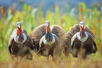 turkeys ruffling feathers by a cornfield - obrazy, fototapety, plakaty
