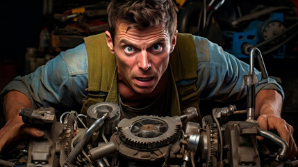 A mechanic fixes and inspects a car with a tense expression, holding hands on the engine against the backdrop of a machine shop with tools. Repairs vehicles and diagnoses major components.