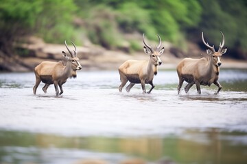 Obraz premium waterbuck herd crossing shallow river