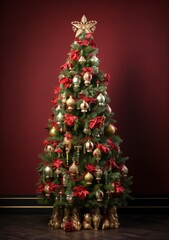 Fototapeta na wymiar Ornate Christmas tree with red and gold ornaments
