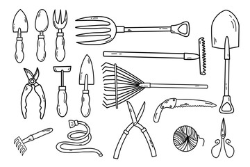 Gardening tools doodle style illustration. Garden hobby equipment isolated vector object set.Different doodle elements set for garden work - obrazy, fototapety, plakaty