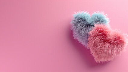Several colorful fur hearts. Fur heart shapes on pink background, denoting love and care. Valentine's Day and happines. - obrazy, fototapety, plakaty