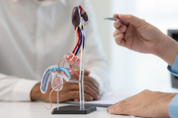 Close-up during consultation of a male patient suspected of having bacterial prostatitis. Prostate...