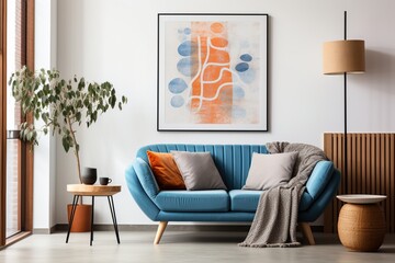Blue sofa in a living room with a large painting on the wall