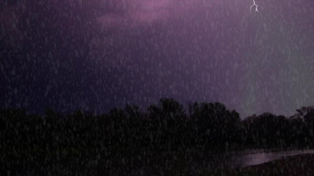 Night storm and great zippers. Heavy rain landscape near river, slow motion 4k