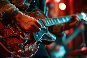 A guitarist in a denim jacket masterfully plays a vintage brown guitar in a bar at a concert - obrazy, fototapety, plakaty