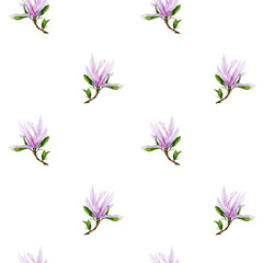 Cute, floral seamless pattern with delicate, watercolor magnolia on a white background. Vintage, floral background with magnolia. Fabrics, textiles, wrapping paper.