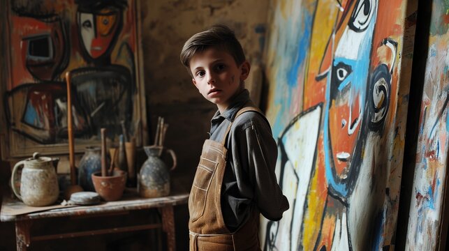 a boy standing next to a painting on display in a room