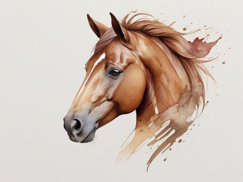  Watercolor portrait of a horse with splashes of paint on a white background ai image