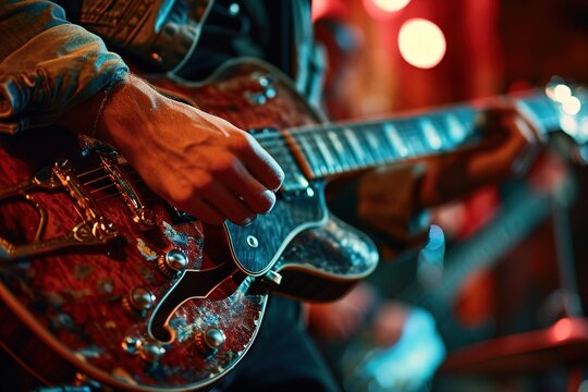 A guitarist in a denim jacket masterfully plays a vintage brown guitar in a bar at a concert