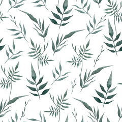 Delicate, watercolor pattern with wild leaves, herbs and branches on a white background. Field greens seamless pattern. Watercolor nature illustration for fabrics, textiles, wallpapers.