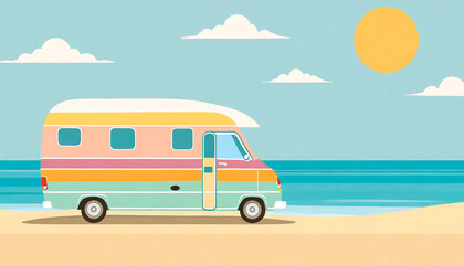 Colourful Camper van on sandy beach