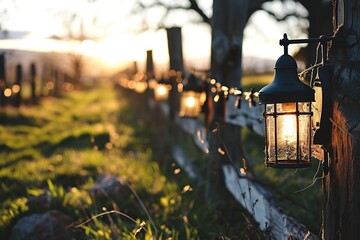 Old lanterns hanging on a rustic wooden fence against a blurred sunset background