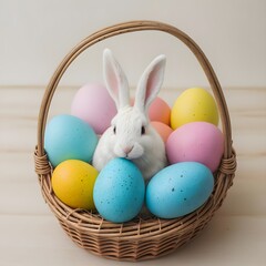 Fototapeta na wymiar A cute Easter bunny in a basket of colorful Easter eggs: Easter background, copy space for text