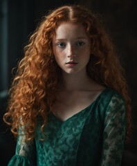 a woman with curly red hair and freckles  is wearing a green dress