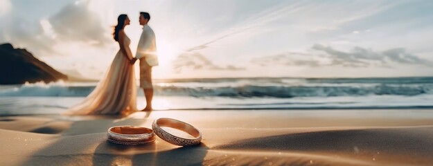 A couple on a beach with wedding rings in the foreground signifies enduring love. Ocean horizon glows, bride and groom silhouettes speak of romantic commitment. Valentine's day background.