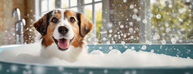 A joyful dog splashing around in a soapy bath indoors. An exuberant pup is caught mid-shake, water droplets flying, in a soap-filled bathtub. Adopt a shelter Pet Day. Panorama with copy space.