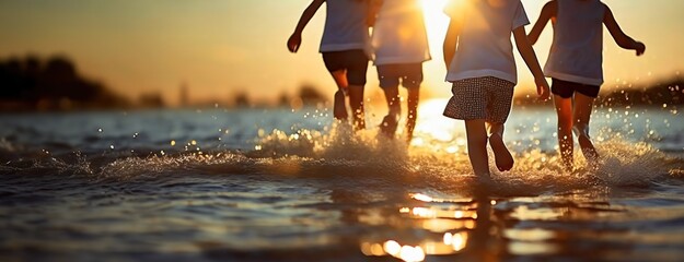 Children splash joyfully in the sea during sunset, celebrating Children's Day. In the golden light of evening, young spirits play freely, embodying the essence of joyful childhood.