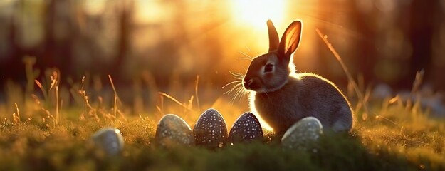 Easter symbols of rebirth, the bunny and eggs, bask in the tranquil evening sunlight. The soft light of dusk casts a serene glow on a peaceful scene, embodying the spirit of spring renewal. - obrazy, fototapety, plakaty