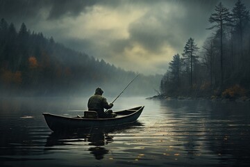 Lonely fisherman on a lake in dark gloomy weather against the backdrop of a mountain forest