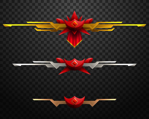 Fantasy Red Game Level Rank Badges with Gold, Silver and Bronze Borders for Game UI Designs