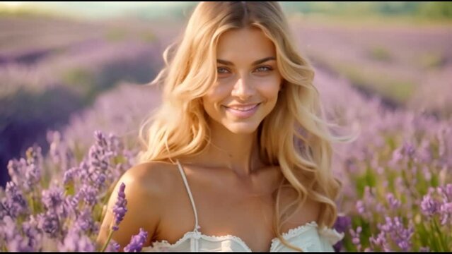 Young blond woman wearing a summer frock  smiles at the camera in a purple lavender field, wind playing with her hair 
