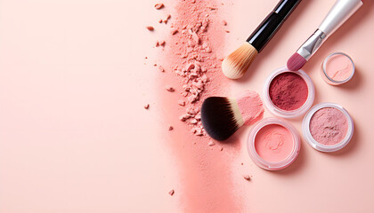 many cosmetics products for makeup on pink pastel background - obrazy, fototapety, plakaty