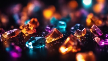 Colorful, illuminated crystals scattered on a dark surface, creating a magical and enchanting atmosphere. 