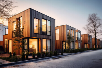 Naklejka premium The sleek design of modern modular townhouses, featuring sophisticated wooden cladding, perfect for contemporary urban living.