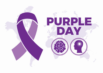 Purple Day for epilepsy awareness poster vector illustration. Purple epilepsy awareness ribbon, human brain and head silhouette round icon set vector. March 26. Important day