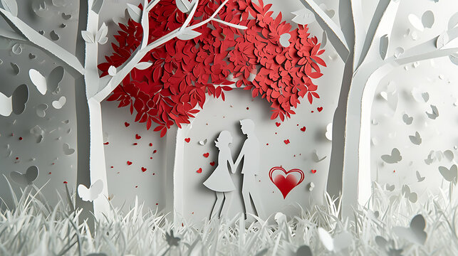 ilustracion de arte en papel de una joven pareja en el arbol del amor