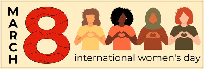 International Women s Day banner. 8 march. Campaign 2024 inspireinclusion. Diverse race group of women hands gesture as heart shape to stop gender discrimination. Flat vector illustration - obrazy, fototapety, plakaty