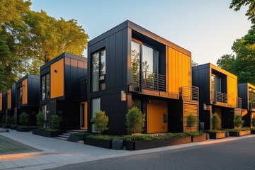 Fototapeta na wymiar The world of contemporary housing with these chic, black townhouses featuring orange details, blending luxury and functionality in urban design.