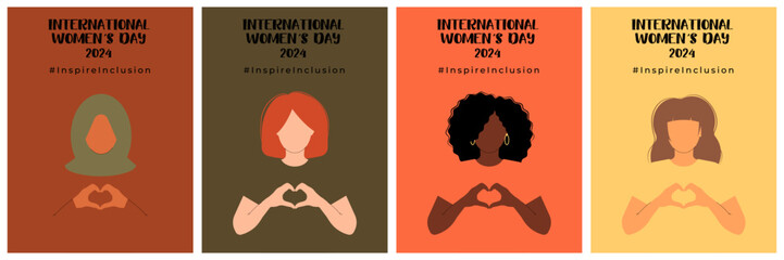 International Women s Day set posters. 8 march. Campaign 2024 inspireinclusion. Diverse race group of women hands gesture as heart shape to stop gender discrimination. Flat vector illustration - obrazy, fototapety, plakaty