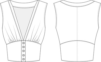 gathered sleeveless buttoned v neck blouse template technical drawing flat sketch cad mockup fashion woman design style model