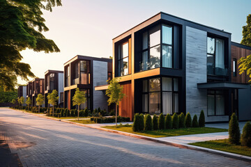 Fototapeta na wymiar Modern residential architecture, showcasing sleek, minimalist townhouses set in vibrant urban landscapes. Perfect blend of luxury and simplicity.