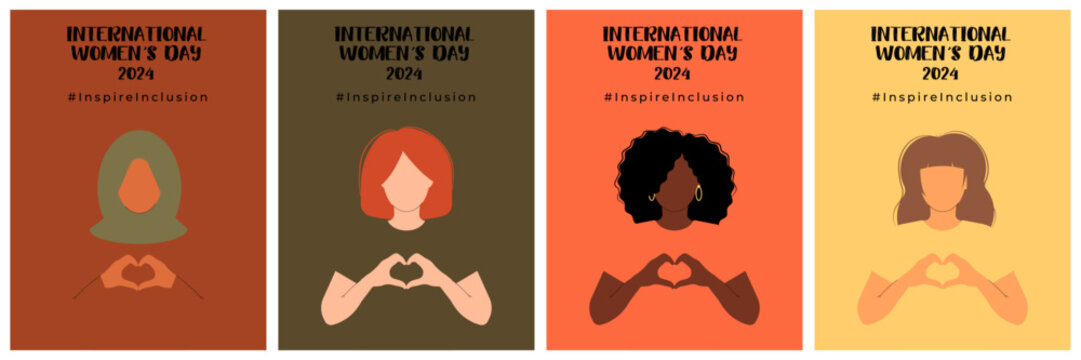 International Women s Day set posters. 8 march. Campaign 2024 inspireinclusion. Diverse race group of women hands gesture as heart shape to stop gender discrimination. Flat vector illustration
