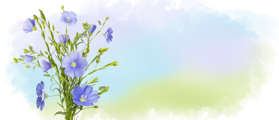 Bouquet of blue flax flowers isolated on pastel watercolor background. flax spring flowers. Horizontal banner with copy space. Place for a text