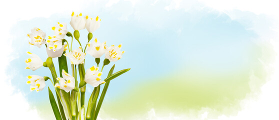 Blooming spring flowers on watercolor sky. Photo collage. Sping white scilla blossom flowers flying on background of drawn landscape. Spring concept horizontal banner with copy space. Place for a text