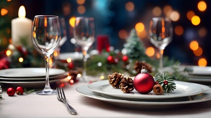 Festive table setting for Christmas dinner on bokeh lights background