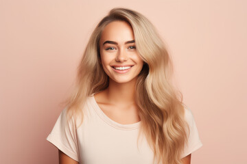 Obraz premium Bright and fashionable, this image showcases a cheerful young woman with stylish blonde hair, set against a minimalist pastel backdrop.