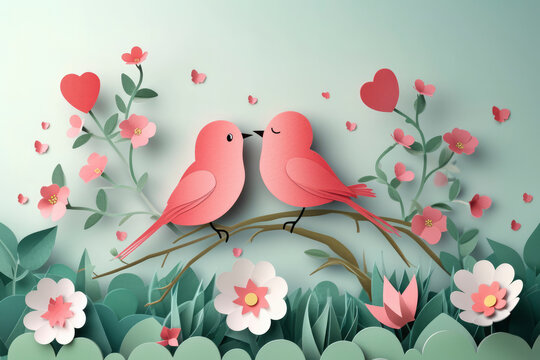 Valentine and love Birds perched on a branch of flower heart shape
