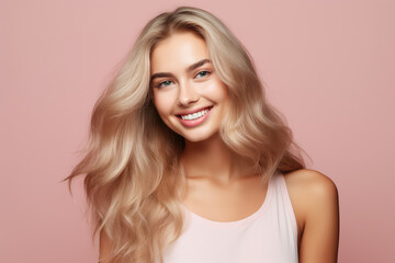 Fototapeta premium This charming photo captures a cute, young woman with beautiful blonde hair, smiling joyfully, creating a vibrant and lively mood on a simple pastel background.